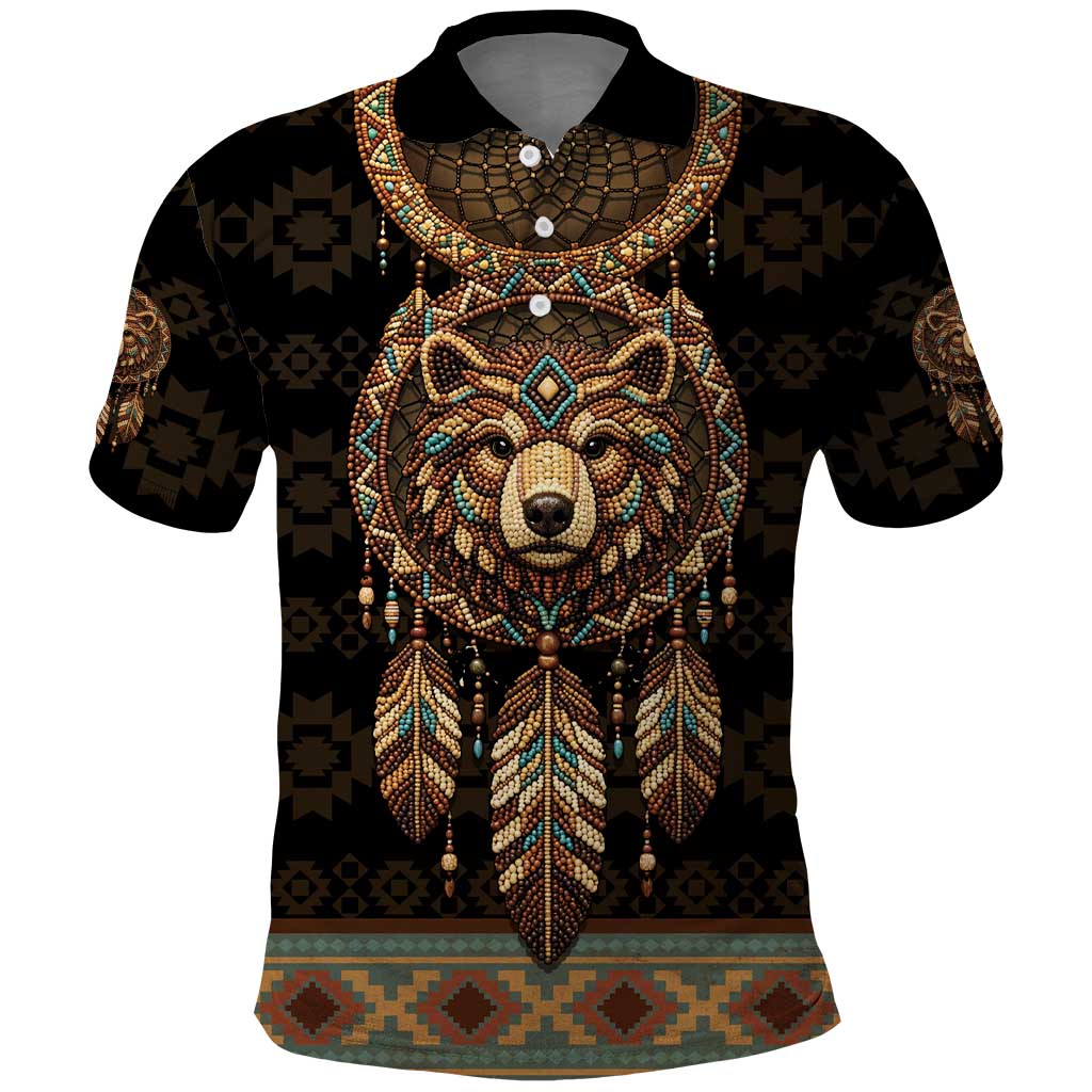 Bear Native American Polo Shirt Tribal Feather Dreamcatcher Boho Style