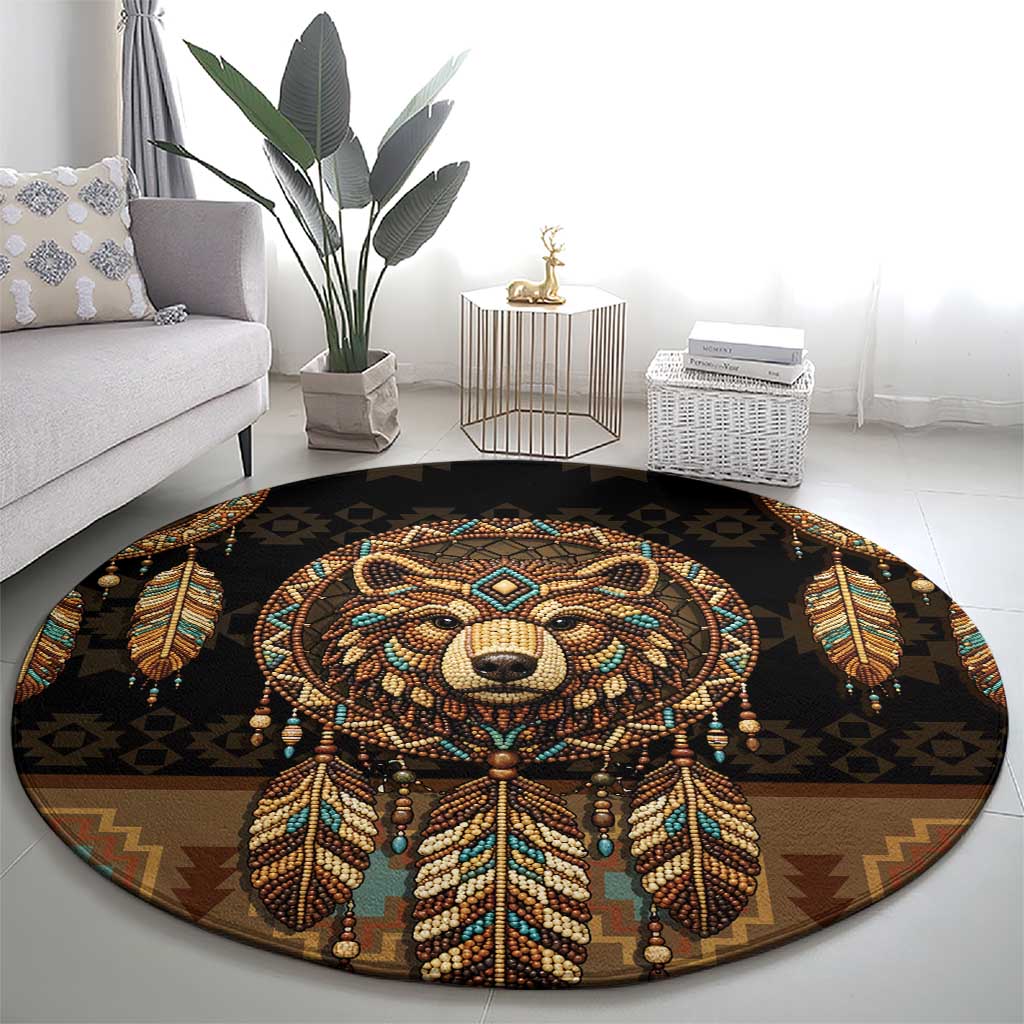 Bear Native American Round Carpet Tribal Feather Dreamcatcher Boho Style