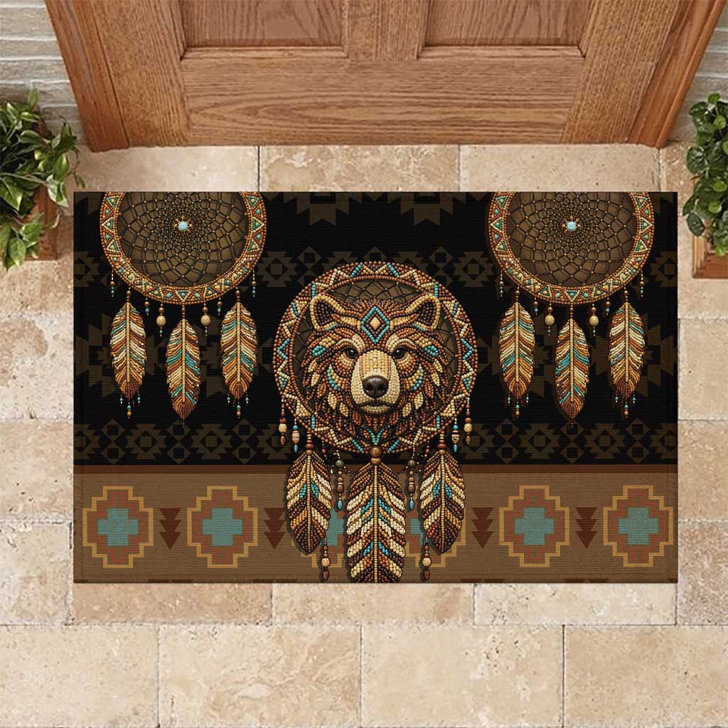 Bear Native American Rubber Doormat Tribal Feather Dreamcatcher Boho Style