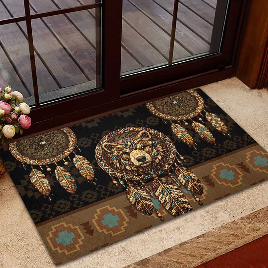 Bear Native American Rubber Doormat Tribal Feather Dreamcatcher Boho Style