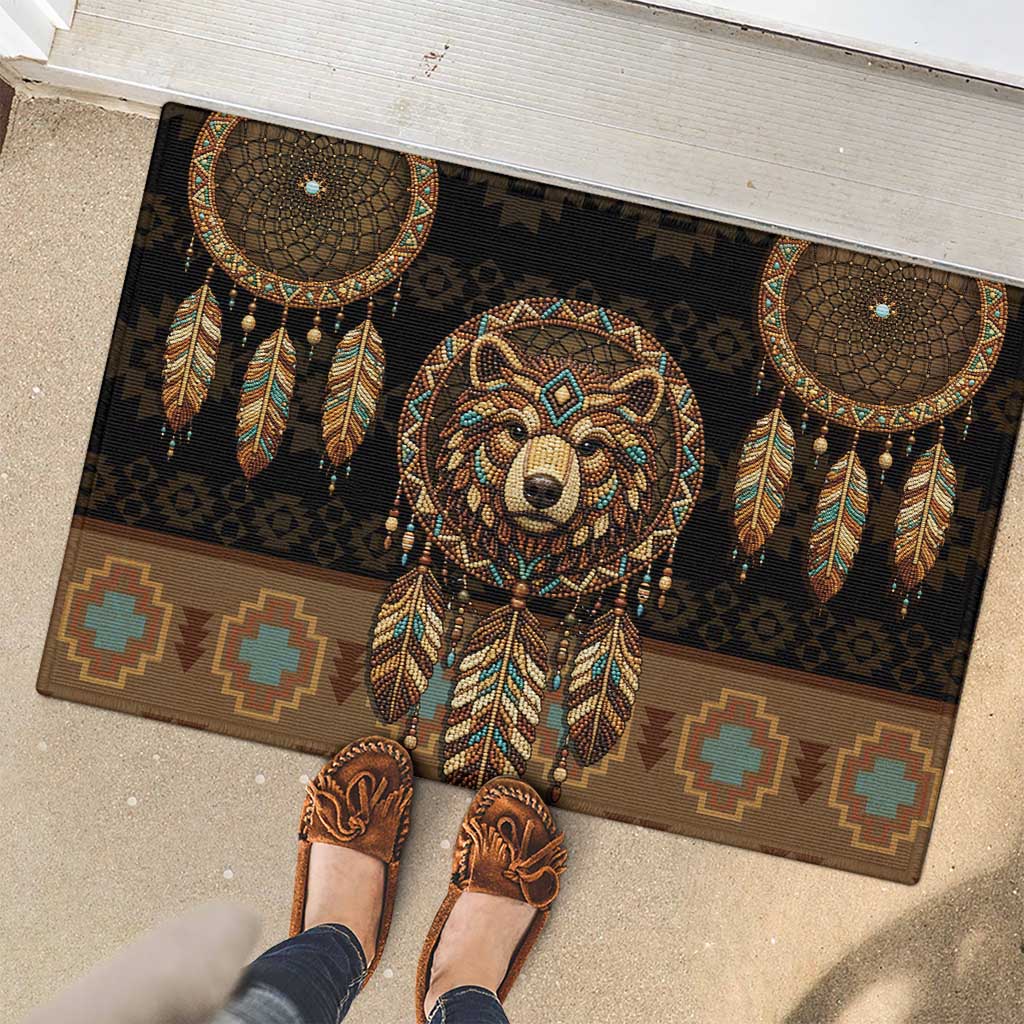 Bear Native American Rubber Doormat Tribal Feather Dreamcatcher Boho Style