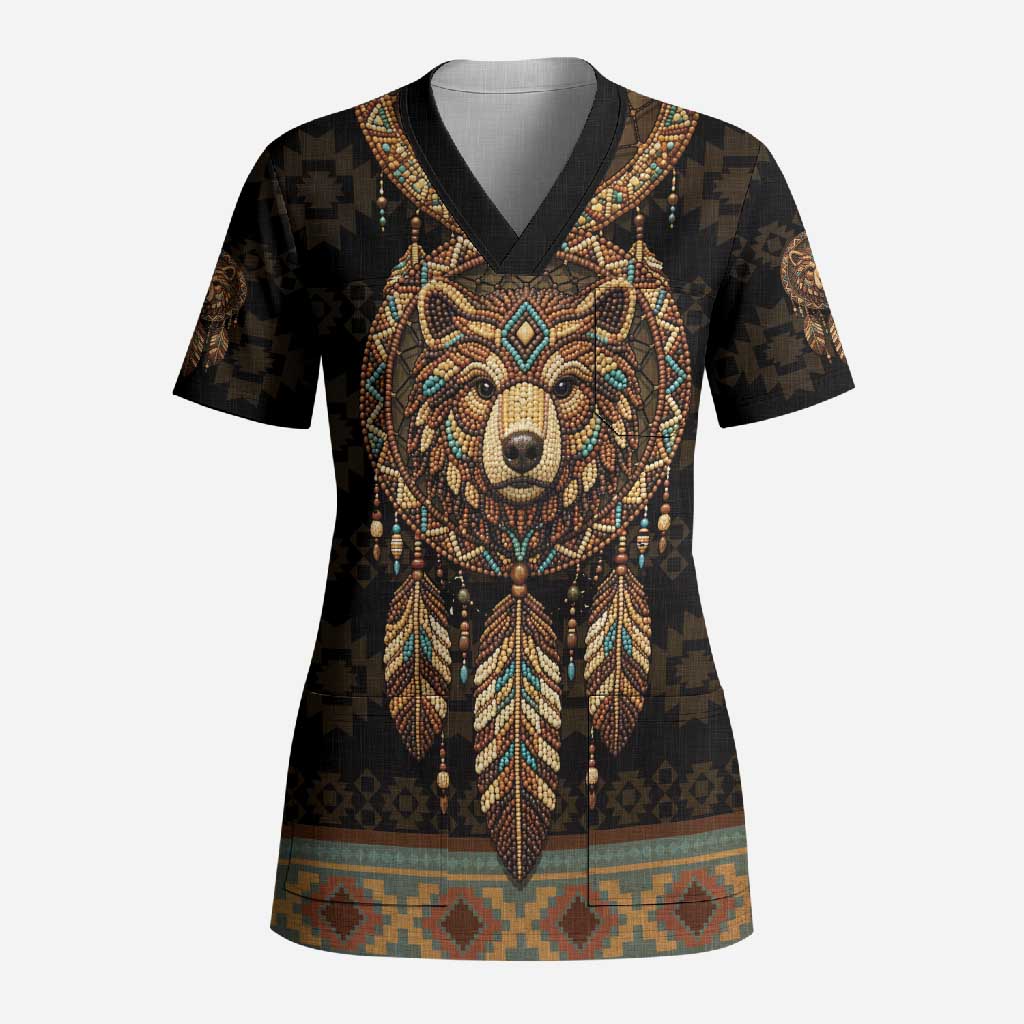 Bear Native American Scrub Top Tribal Feather Dreamcatcher Boho Style