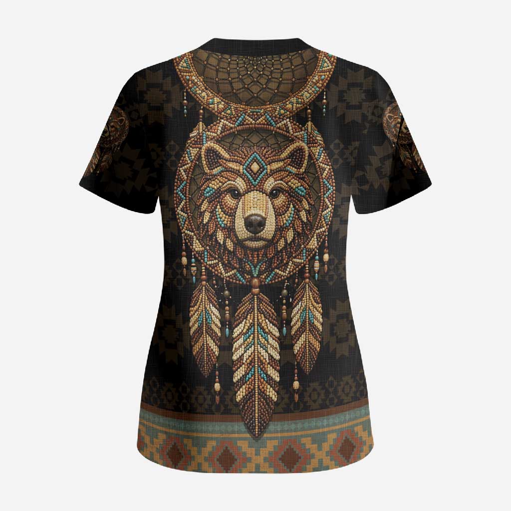 Bear Native American Scrub Top Tribal Feather Dreamcatcher Boho Style
