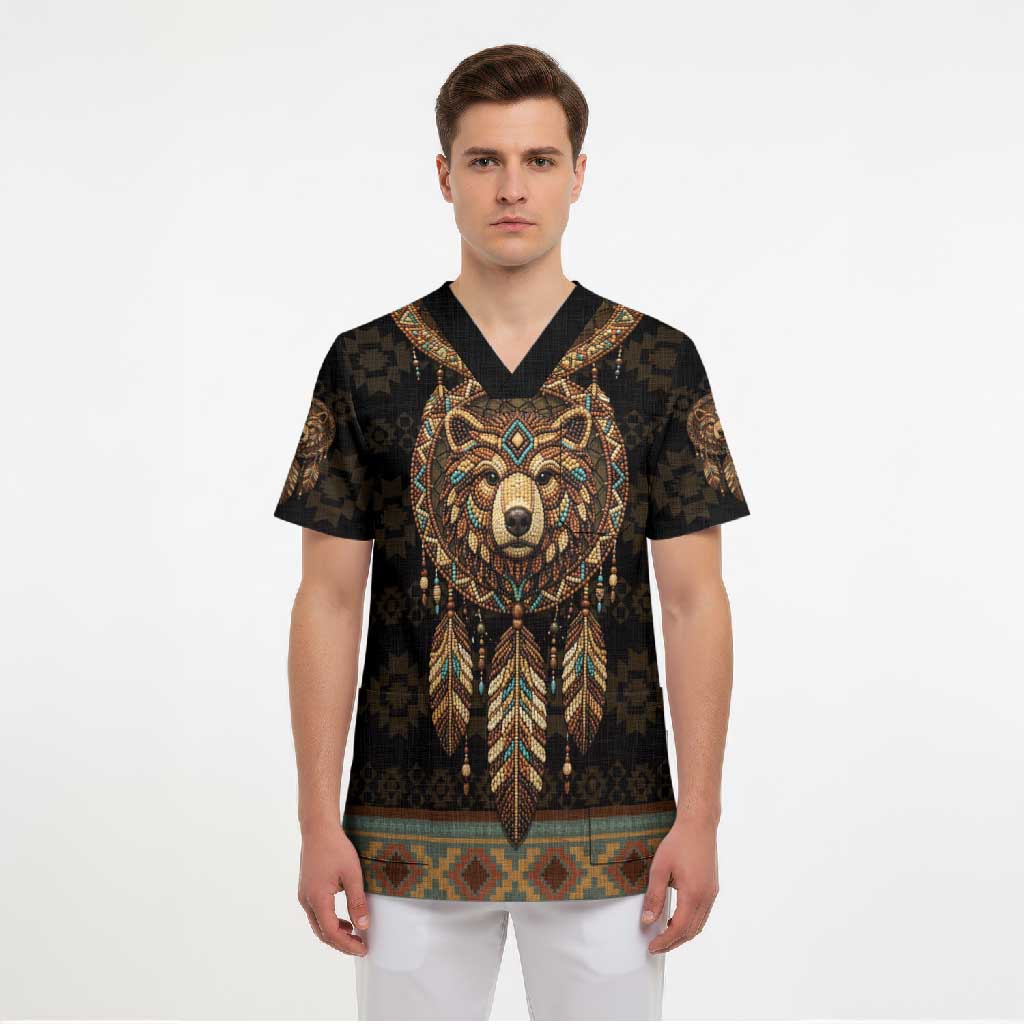 Bear Native American Scrub Top Tribal Feather Dreamcatcher Boho Style