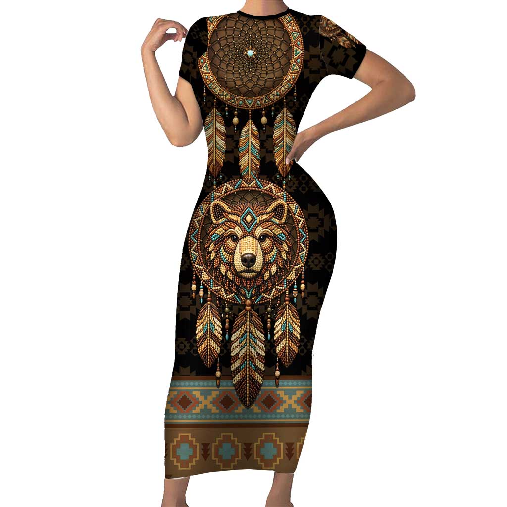 Bear Native American Short Sleeve Bodycon Dress Tribal Feather Dreamcatcher Boho Style