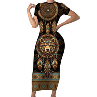 Bear Native American Short Sleeve Bodycon Dress Tribal Feather Dreamcatcher Boho Style