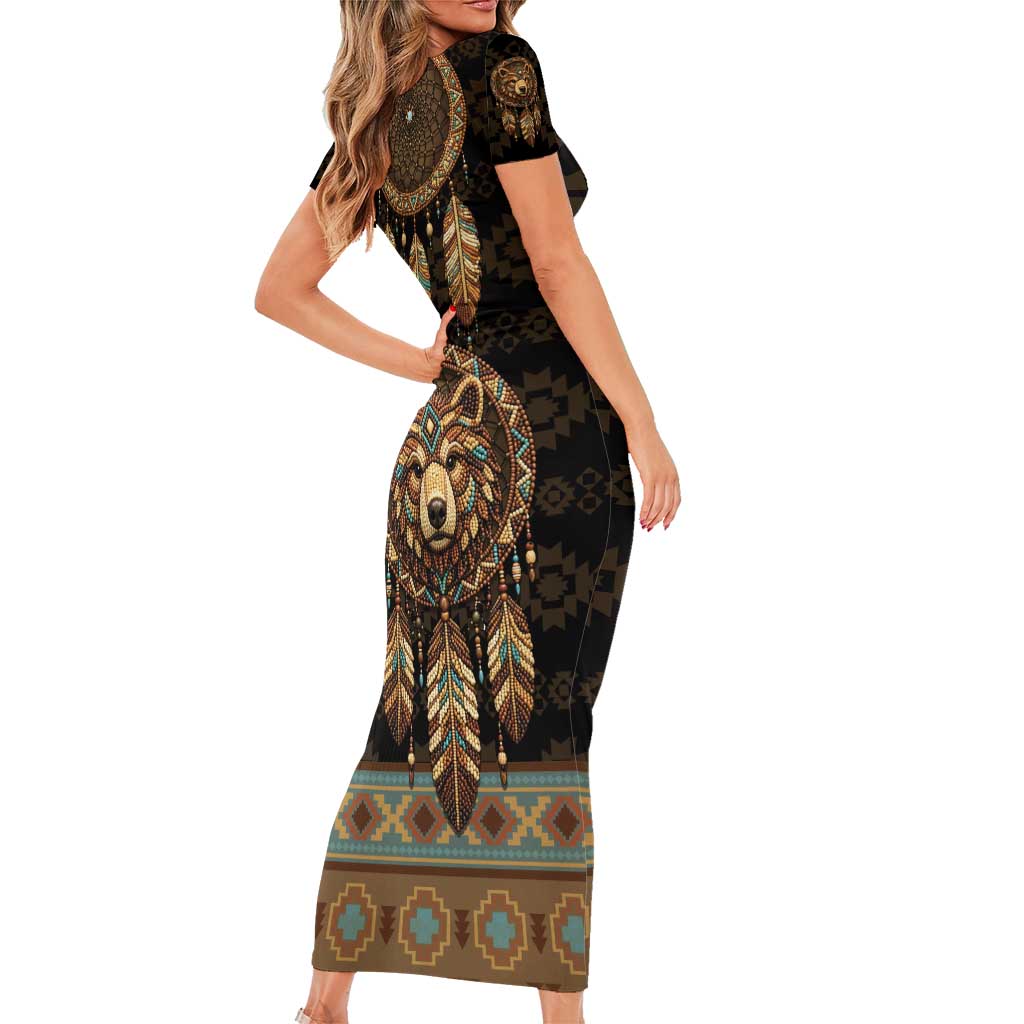 Bear Native American Short Sleeve Bodycon Dress Tribal Feather Dreamcatcher Boho Style