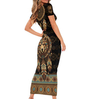 Bear Native American Short Sleeve Bodycon Dress Tribal Feather Dreamcatcher Boho Style