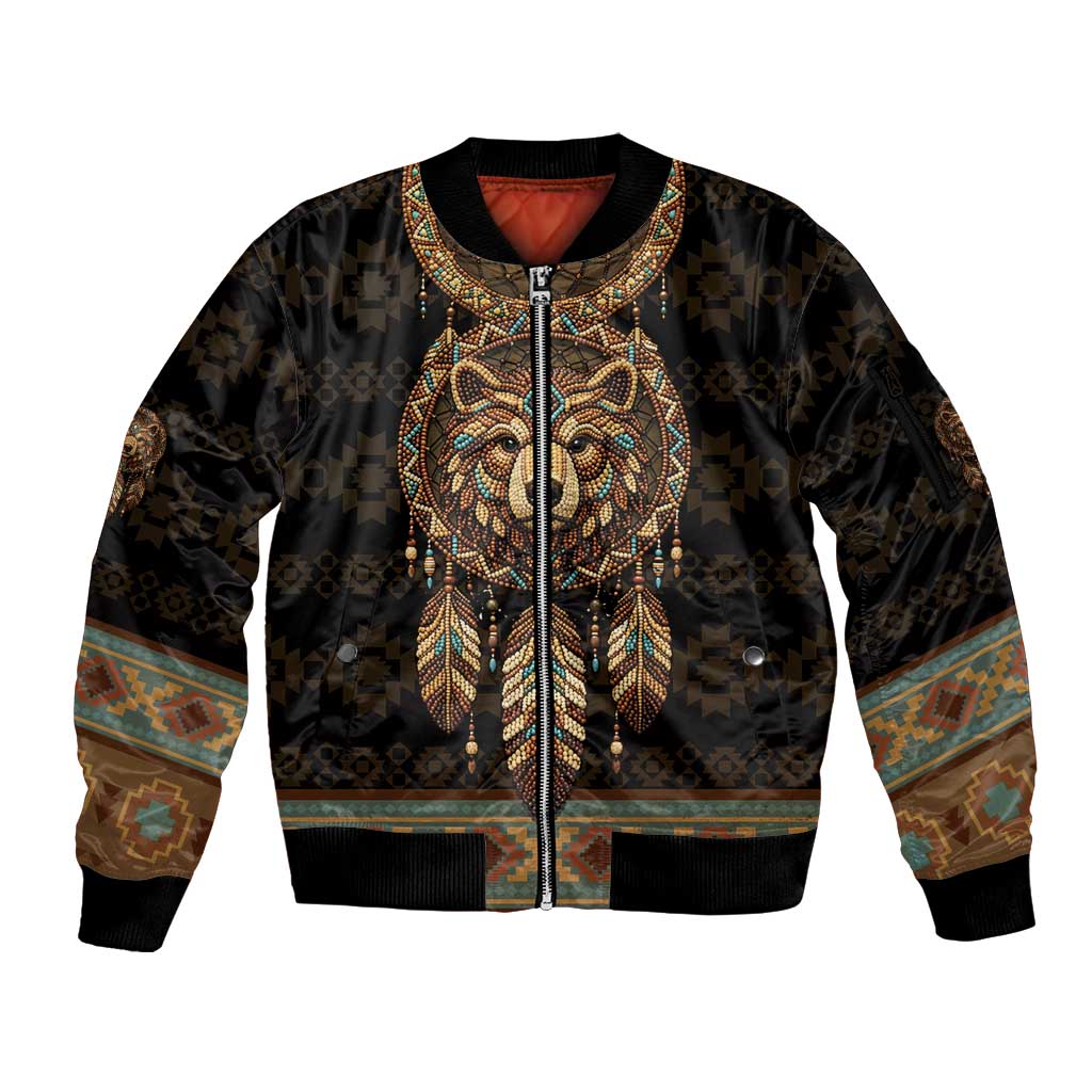 Bear Native American Sleeve Zip Bomber Jacket Tribal Feather Dreamcatcher Boho Style