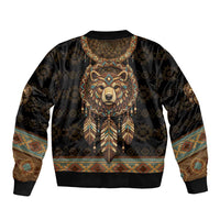 Bear Native American Sleeve Zip Bomber Jacket Tribal Feather Dreamcatcher Boho Style