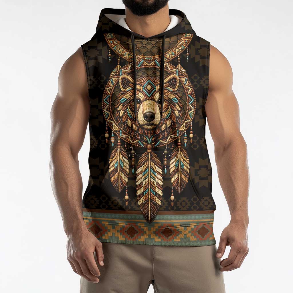 Bear Native American Sleeveless Hoodie Tribal Feather Dreamcatcher Boho Style