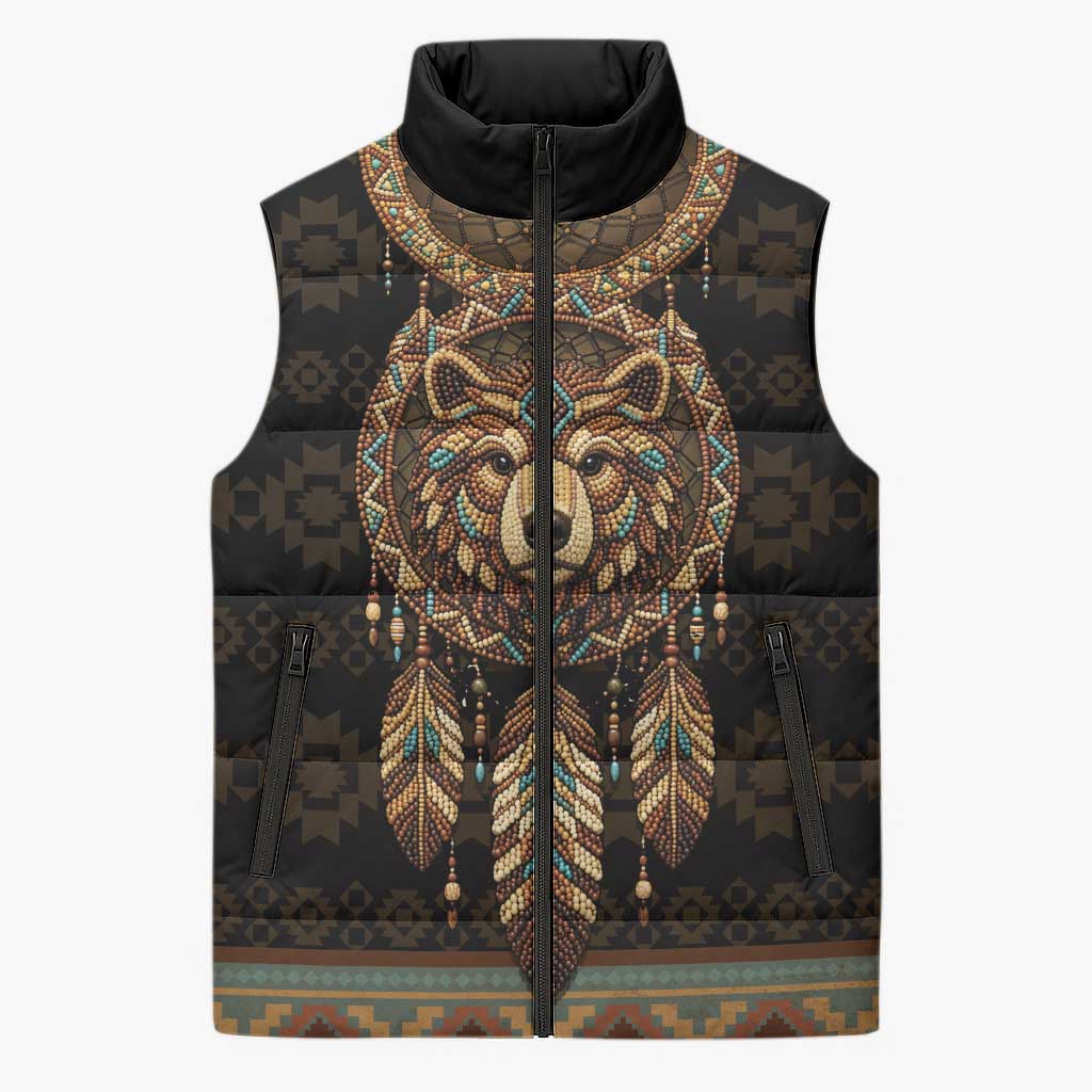Bear Native American Sleeveless Puffer Jacket Tribal Feather Dreamcatcher Boho Style