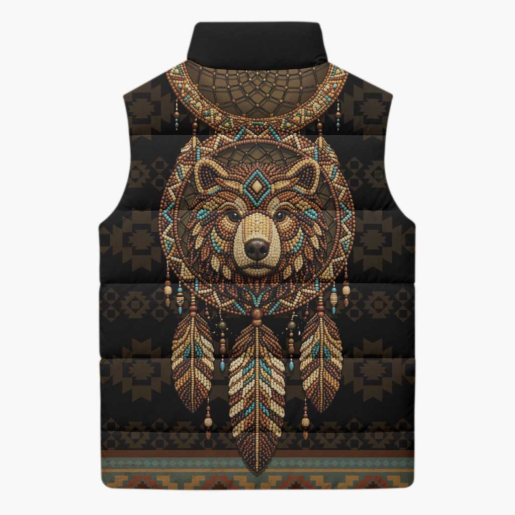 Bear Native American Sleeveless Puffer Jacket Tribal Feather Dreamcatcher Boho Style