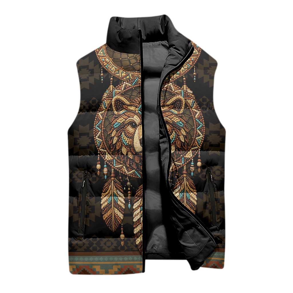 Bear Native American Sleeveless Puffer Jacket Tribal Feather Dreamcatcher Boho Style