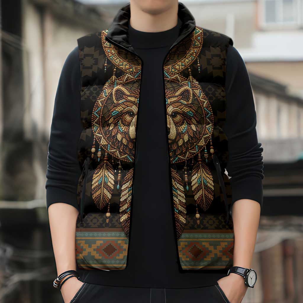 Bear Native American Sleeveless Puffer Jacket Tribal Feather Dreamcatcher Boho Style