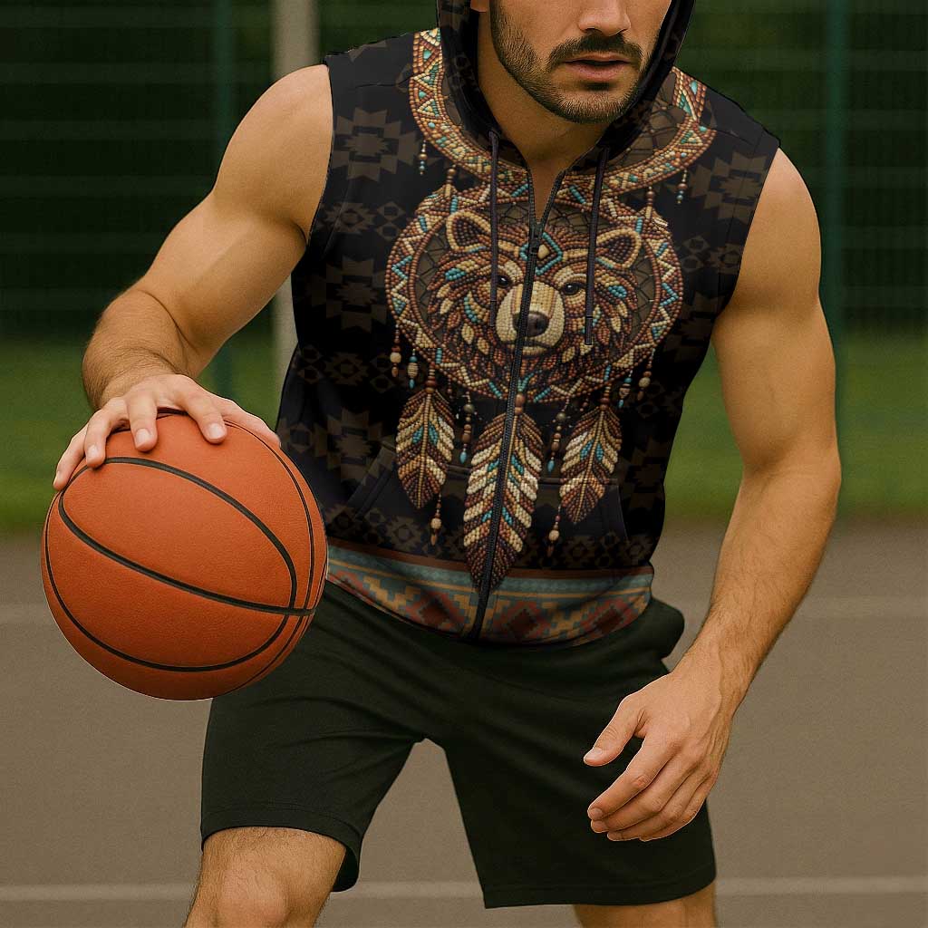 Bear Native American Sleeveless Zip Hoodie Tribal Feather Dreamcatcher Boho Style