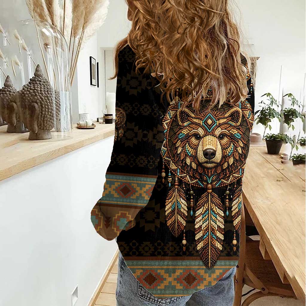 Bear Native American Women Casual Shirt Tribal Feather Dreamcatcher Boho Style