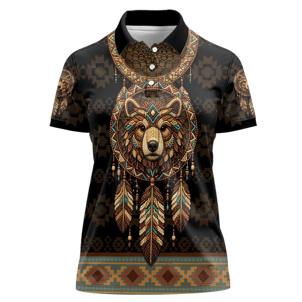 Bear Native American Women Polo Shirt Tribal Feather Dreamcatcher Boho Style