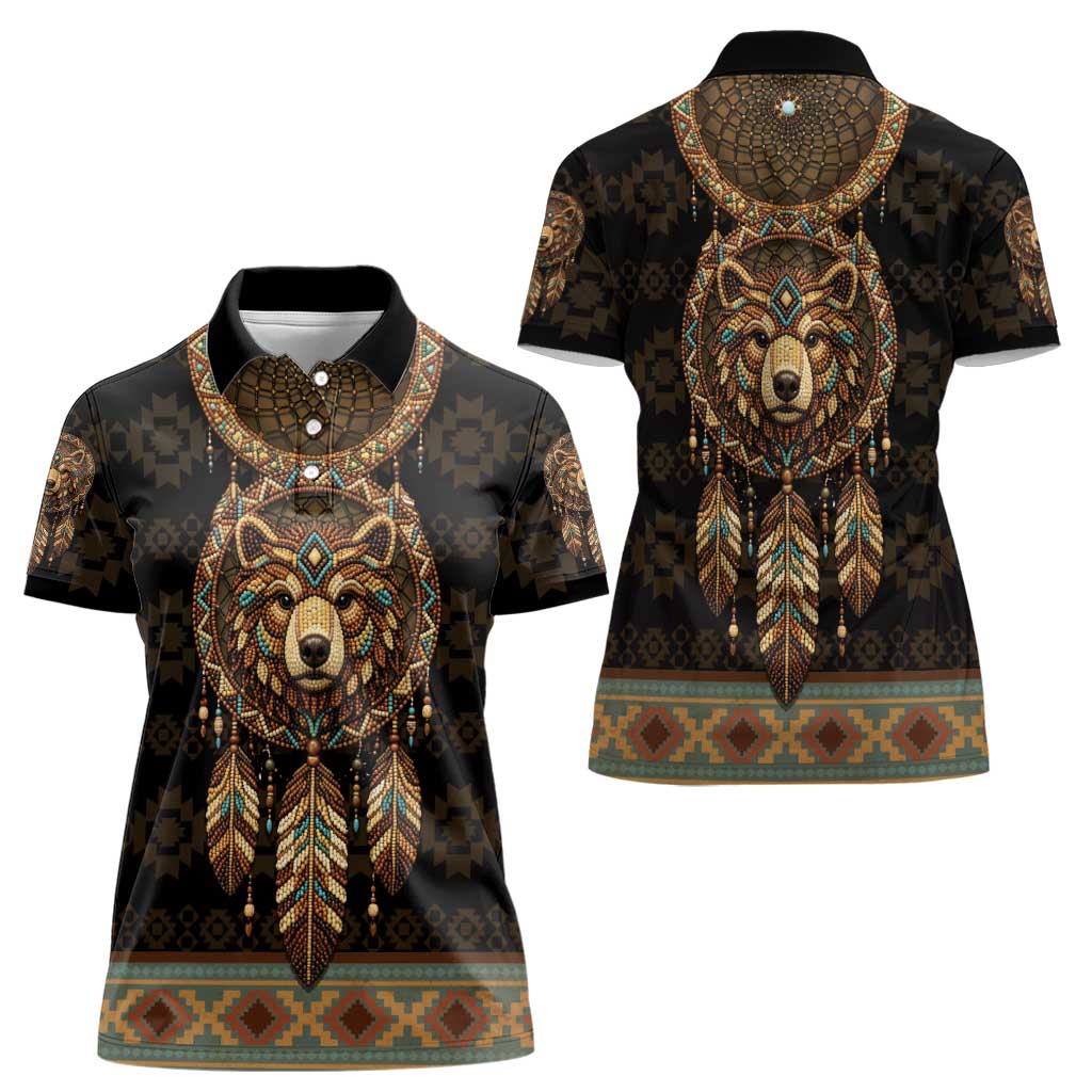 Bear Native American Women Polo Shirt Tribal Feather Dreamcatcher Boho Style