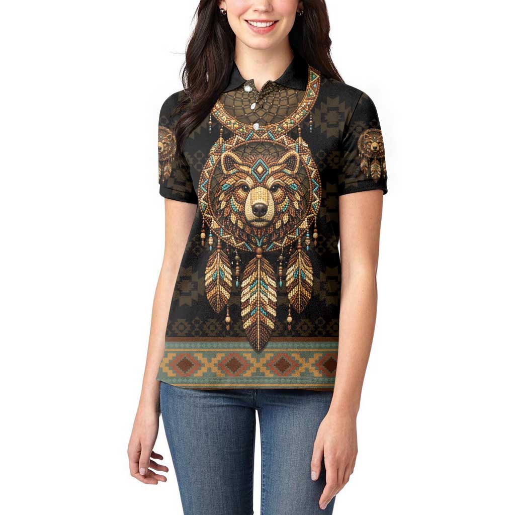 Bear Native American Women Polo Shirt Tribal Feather Dreamcatcher Boho Style
