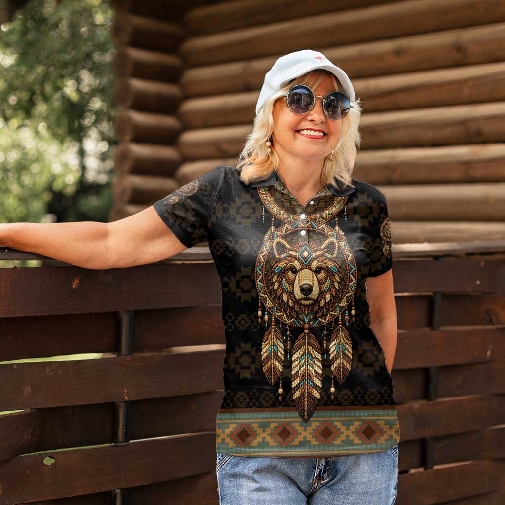 Bear Native American Women Polo Shirt Tribal Feather Dreamcatcher Boho Style