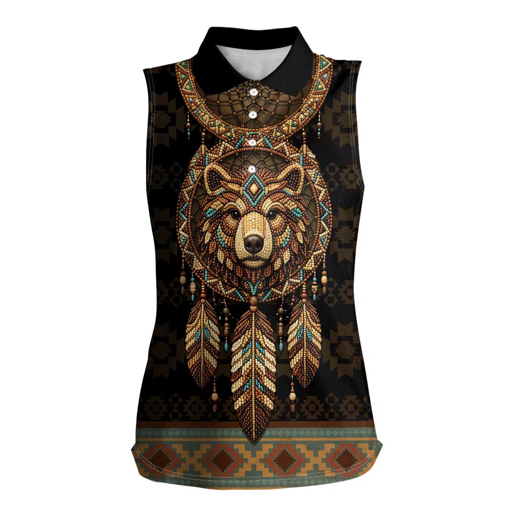 Bear Native American Women Sleeveless Polo Shirt Tribal Feather Dreamcatcher Boho Style