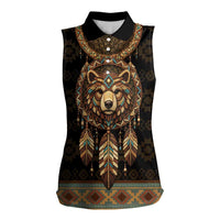 Bear Native American Women Sleeveless Polo Shirt Tribal Feather Dreamcatcher Boho Style