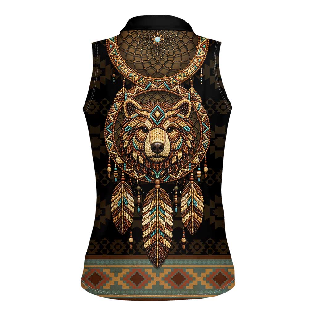 Bear Native American Women Sleeveless Polo Shirt Tribal Feather Dreamcatcher Boho Style