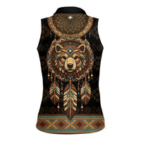 Bear Native American Women Sleeveless Polo Shirt Tribal Feather Dreamcatcher Boho Style