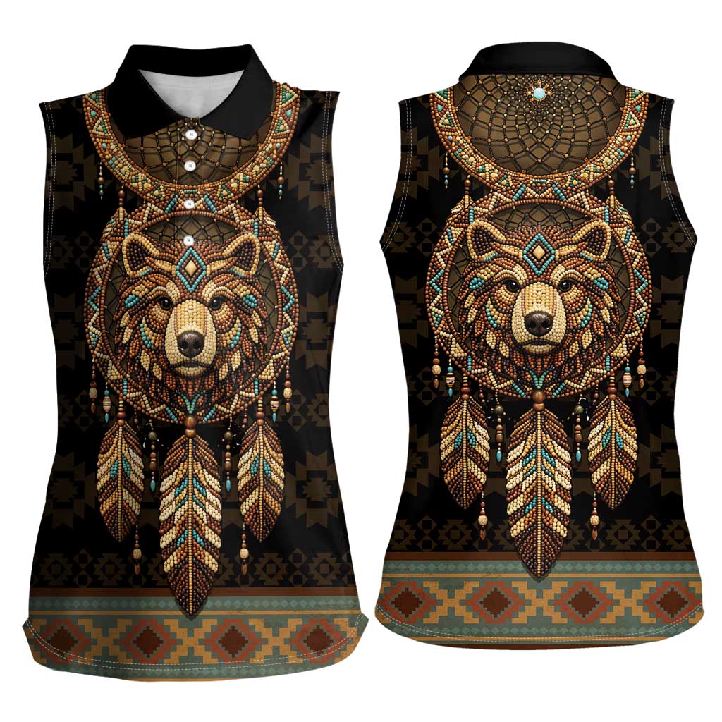 Bear Native American Women Sleeveless Polo Shirt Tribal Feather Dreamcatcher Boho Style