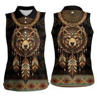 Bear Native American Women Sleeveless Polo Shirt Tribal Feather Dreamcatcher Boho Style