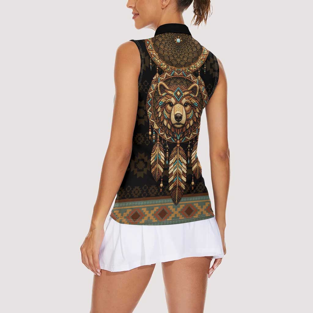 Bear Native American Women Sleeveless Polo Shirt Tribal Feather Dreamcatcher Boho Style