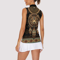Bear Native American Women Sleeveless Polo Shirt Tribal Feather Dreamcatcher Boho Style
