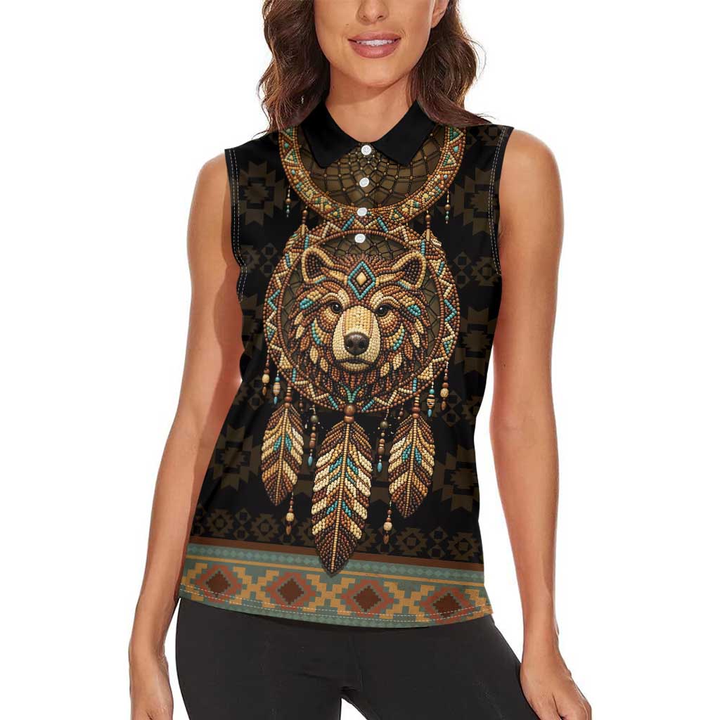 Bear Native American Women Sleeveless Polo Shirt Tribal Feather Dreamcatcher Boho Style