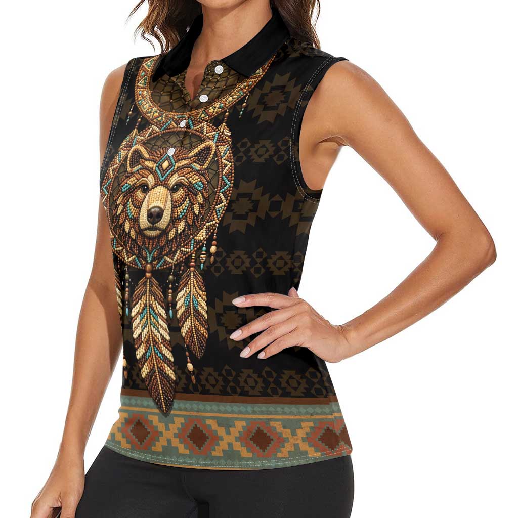 Bear Native American Women Sleeveless Polo Shirt Tribal Feather Dreamcatcher Boho Style