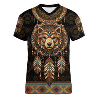Bear Native American Women V-Neck T-Shirt Tribal Feather Dreamcatcher Boho Style