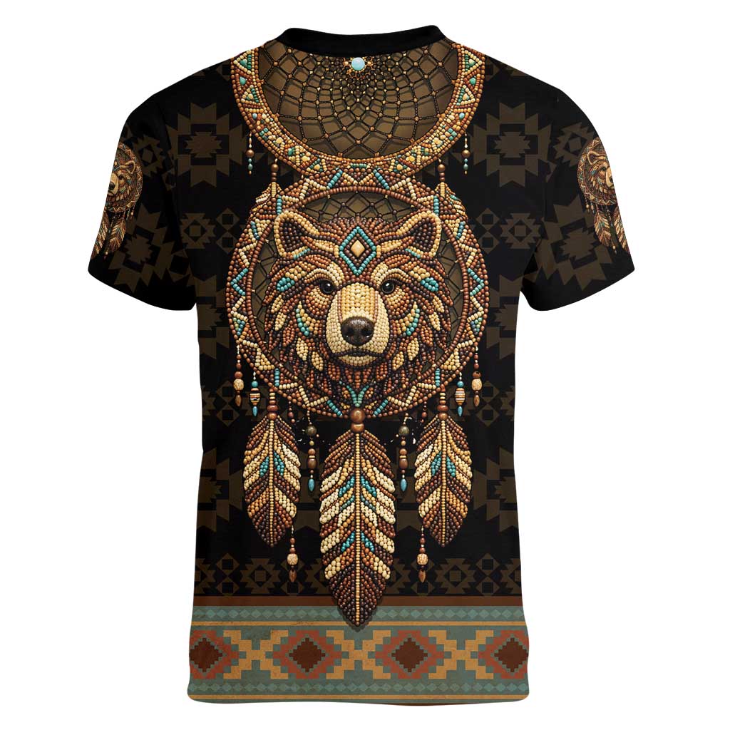 Bear Native American Women V-Neck T-Shirt Tribal Feather Dreamcatcher Boho Style