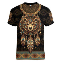 Bear Native American Women V-Neck T-Shirt Tribal Feather Dreamcatcher Boho Style