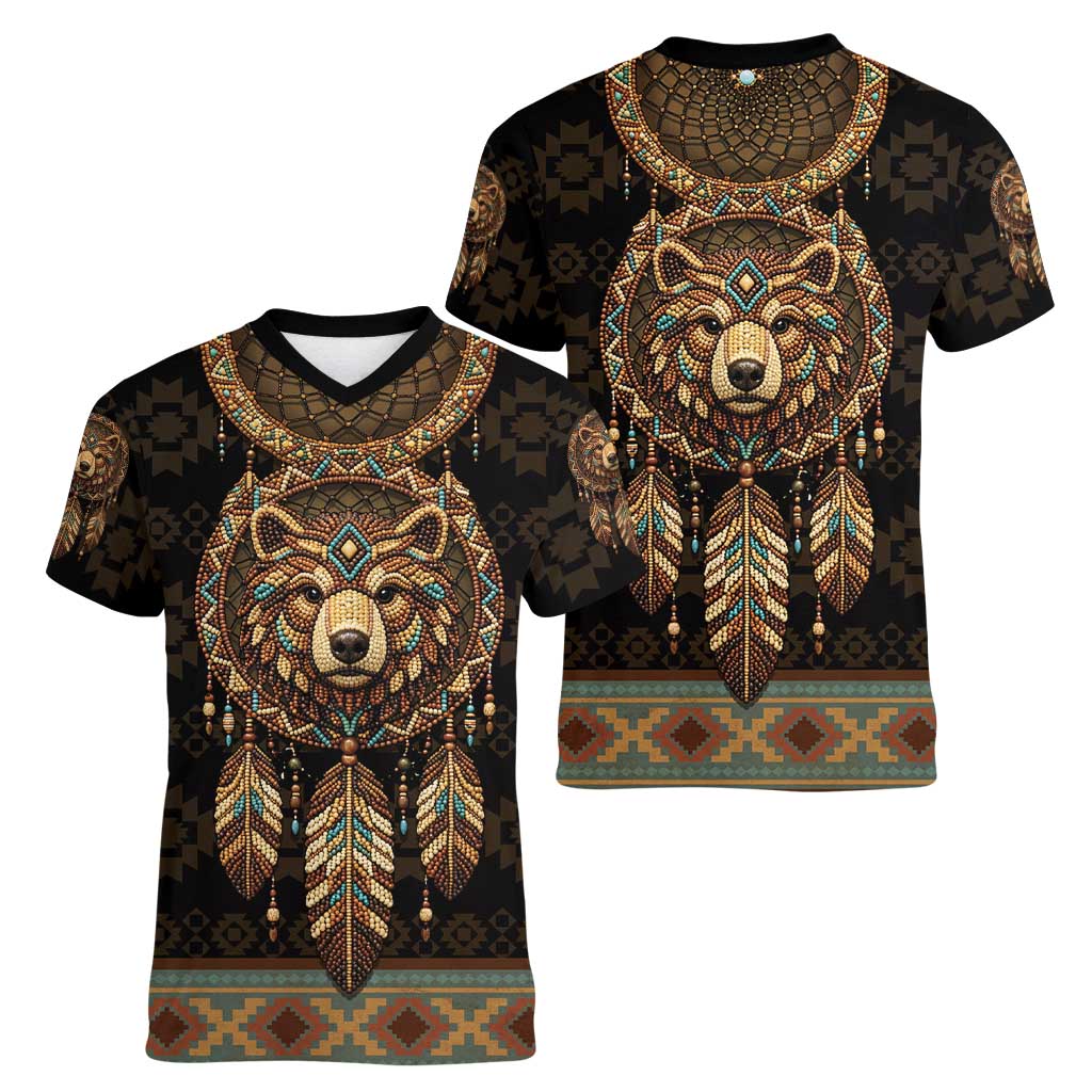 Bear Native American Women V-Neck T-Shirt Tribal Feather Dreamcatcher Boho Style
