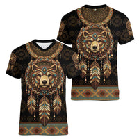 Bear Native American Women V-Neck T-Shirt Tribal Feather Dreamcatcher Boho Style