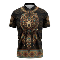 Bear Native American Zipper Polo Shirt Tribal Feather Dreamcatcher Boho Style