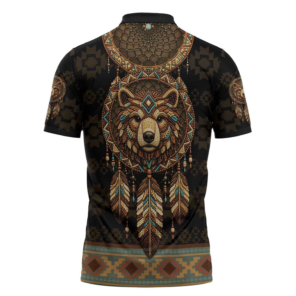 Bear Native American Zipper Polo Shirt Tribal Feather Dreamcatcher Boho Style