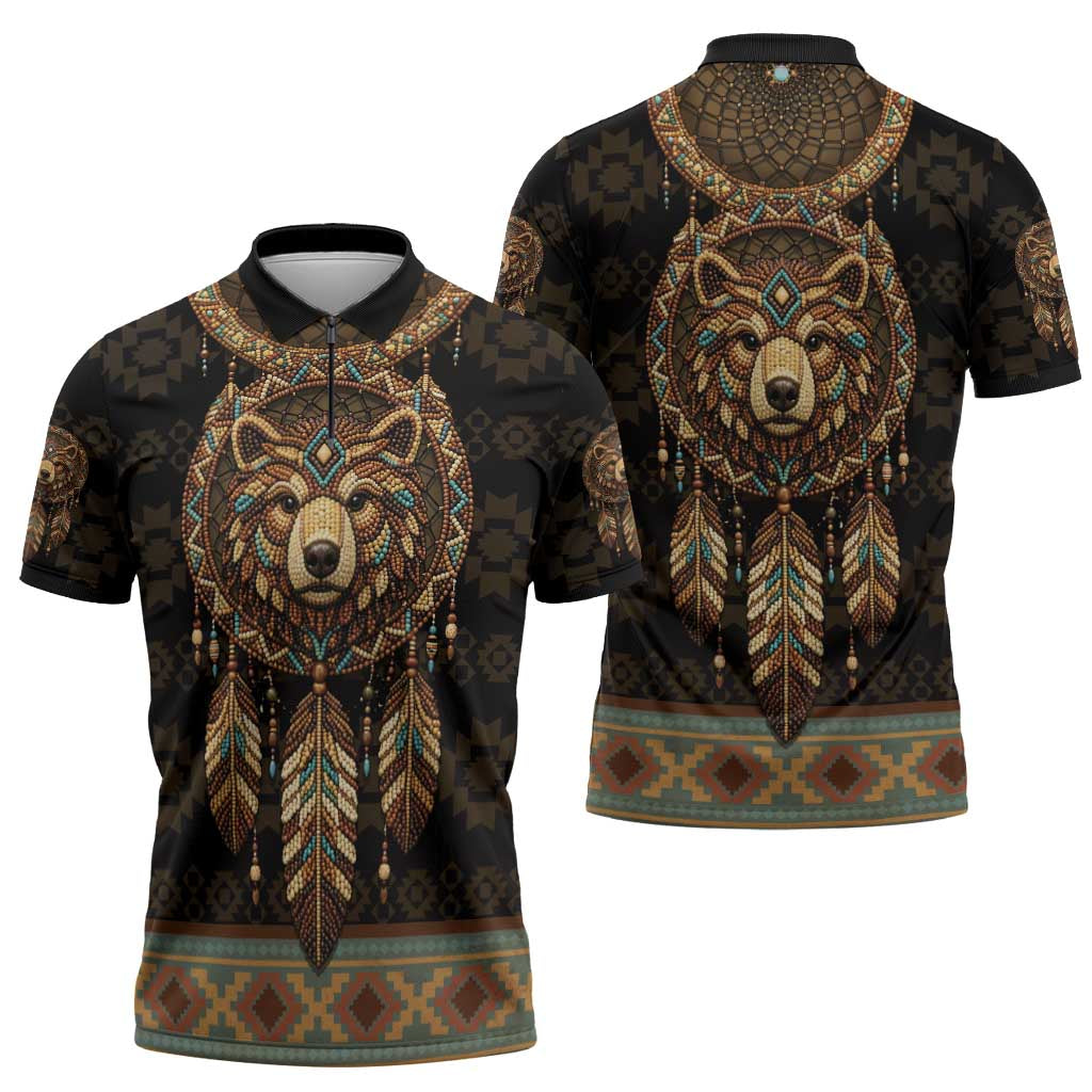 Bear Native American Zipper Polo Shirt Tribal Feather Dreamcatcher Boho Style