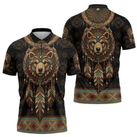 Bear Native American Zipper Polo Shirt Tribal Feather Dreamcatcher Boho Style