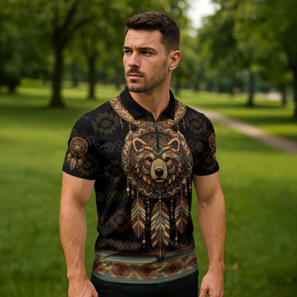 Bear Native American Zipper Polo Shirt Tribal Feather Dreamcatcher Boho Style