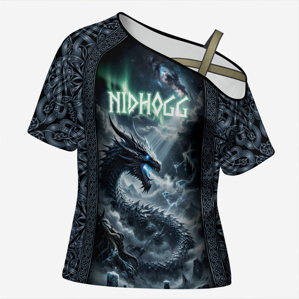 Dark Vikings Cross Shoulder Shirt Norse Dragon Nidhogg