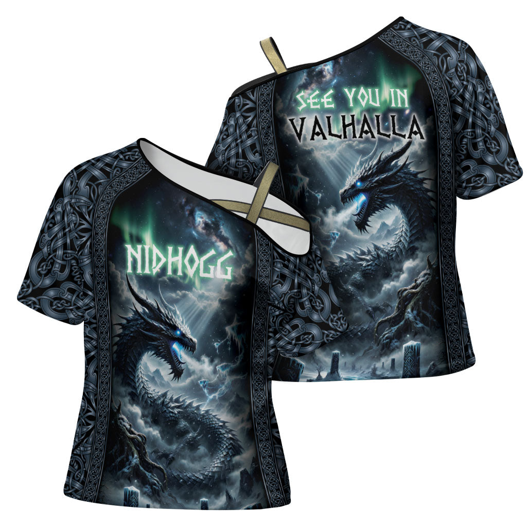 Dark Vikings Cross Shoulder Shirt Norse Dragon Nidhogg
