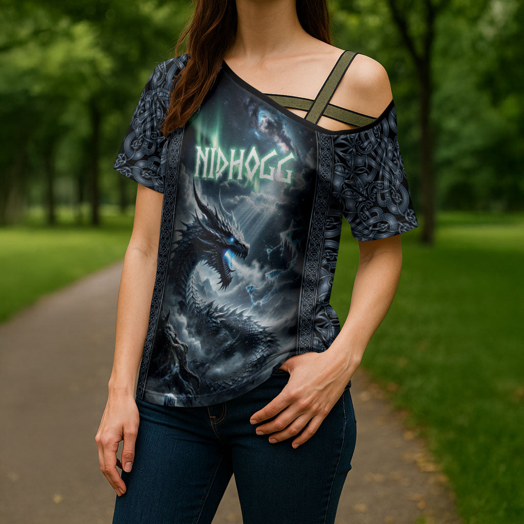 Dark Vikings Cross Shoulder Shirt Norse Dragon Nidhogg