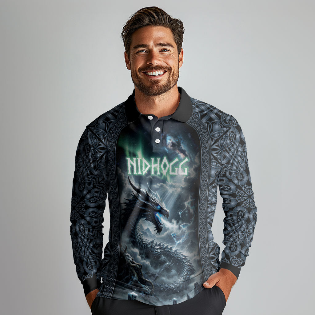 Dark Vikings Long Sleeve Polo Shirt Norse Dragon Nidhogg