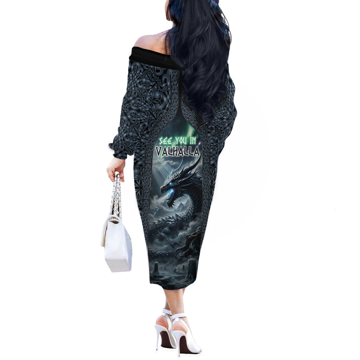 Dark Vikings Off The Shoulder Long Sleeve Dress Norse Dragon Nidhogg